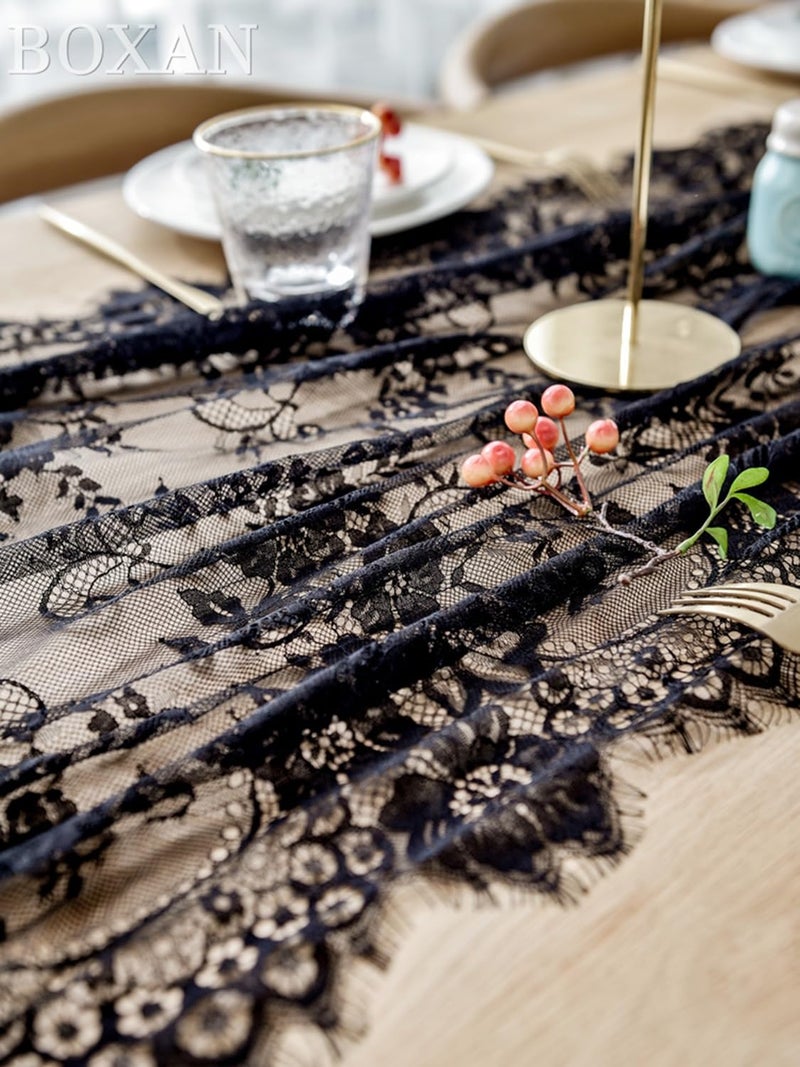 BOXAN 30x120 Inch Mysterious Black Lace Table Runner Boho Thanksgiving Lace Runner, Rustic Wedding Decorations, Lightweight Table Cover for Birthday Party Supplies Wedding Anniversary Party Decor - Image 4